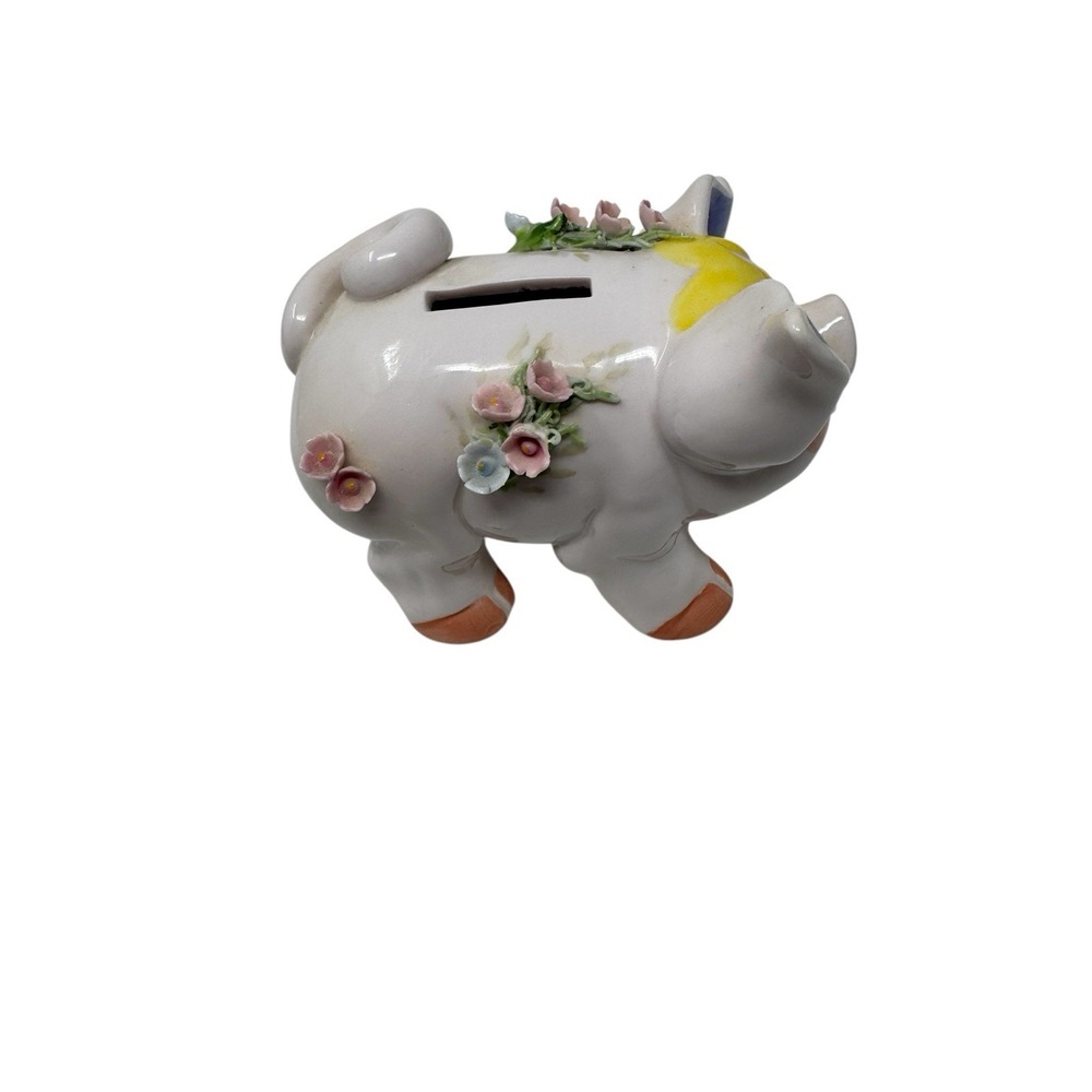 Vintage Lefton China Piggy Bank Hand Painted Applied Flowers Fancy - Picture 3 of 4